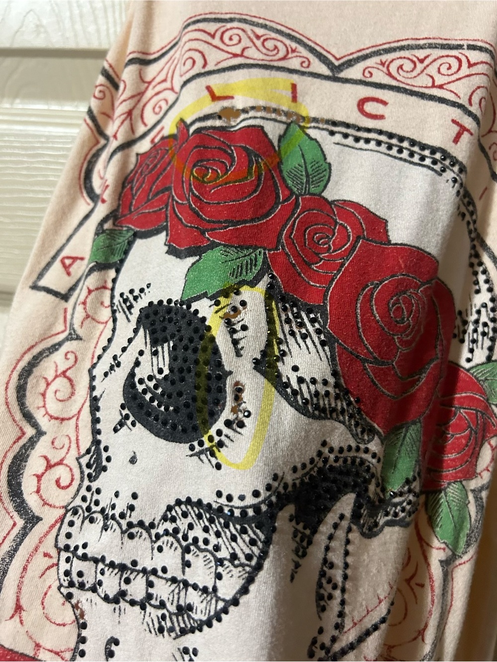 Affliction Womens Top Size S Grunge Skull Roses Tattoo Rhinestone Biker Alt - Picture 3 of 4